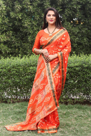 Orange color pure bandhej silk saree zari weaving rich pallu