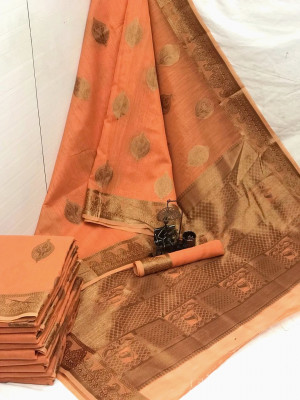 Peach color soft cotton silk saree with weaving work