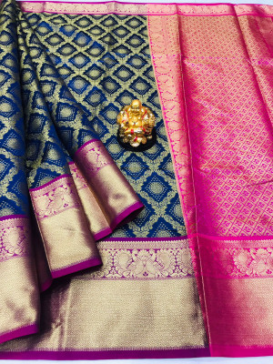 Navy blue color kanchipuram silk saree with zari woven work