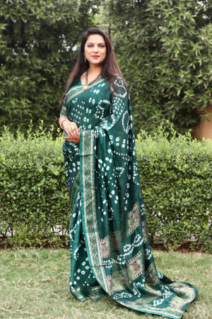 Green color pure bandhej silk saree zari weaving rich pallu