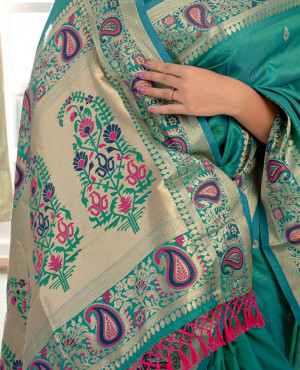 Rama green color soft banarasi silk saree with zari work