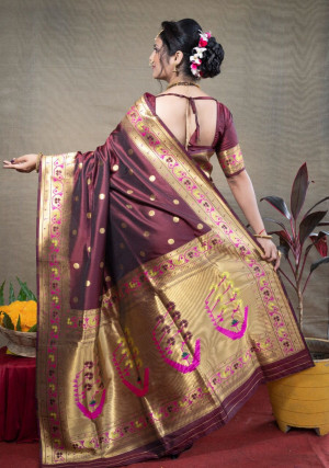 Brown color soft kanchipuram silk saree with zari weaving work