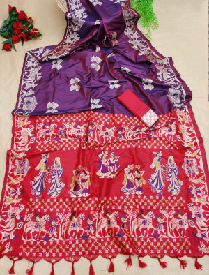 Magenta color soft raw silk saree with woven design