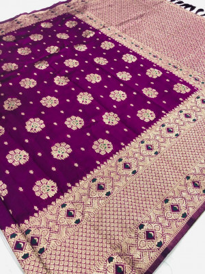 Magenta color soft banarasi saree with golden zari weaving border