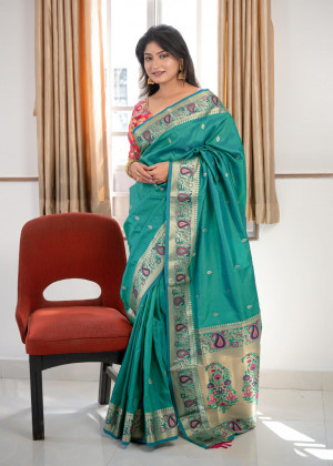 Rama green color soft banarasi silk saree with zari work