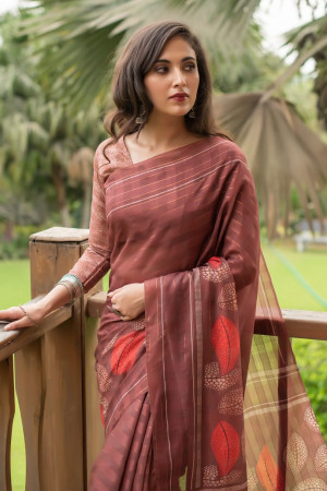 Coffee color soft cotton saree with digital printed work