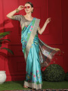 Sea green color linen silk saree with digital printed work