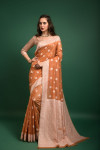 Peach color lucknowi chikankari saree with zari weaving work