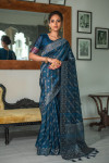 Blue color tussar silk saree with zari woven work