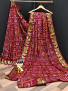 Maroon color bandhani saree with khadi printed work