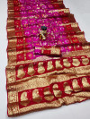 Rani pink and red color hand bandhej silk saree with zari weaving work