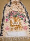 Cream color raw silk saree with temple woven border