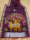 Magenta color raw silk saree with temple woven border
