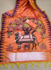 Orange color raw silk saree with temple woven border