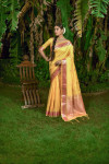 Mustard yellow color soft tusser silk saree with zari weaving border