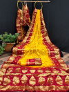 Red and yellow color hand bandhej silk saree with zari weaving work