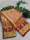 Beige and maroon color hand bandhej silk saree with zari weaving work