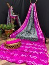 Gray and rani pink color bandhani silk saree with hand bandhej work