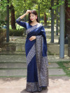 Navy blue color raw silk saree with woven design