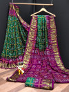 Green and purple color bandhani silk saree with khadi printed work
