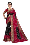 Black and red color hand bandhej bandhani silk saree with zari weaving work
