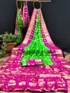 Parrot green and pink color hand bandhej silk saree with zari weaving work
