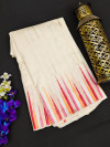 Off white color tussar silk weaving saree with ikat woven border