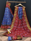 Blue and maroon color bandhani silk saree with khadi printed work