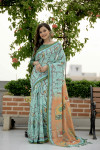 Sky blue color linen cotton saree with printed work