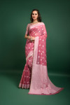 Baby pink color lucknowi chikankari saree with zari weaving work
