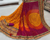 Yellow and orange color dola silk saree with gota patti work