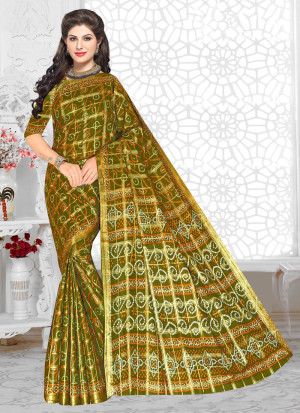 Mehndi green color cotton saree with patola printed work