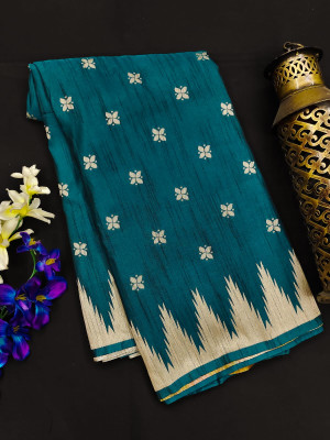 Firoji color raw silk saree with temple woven border