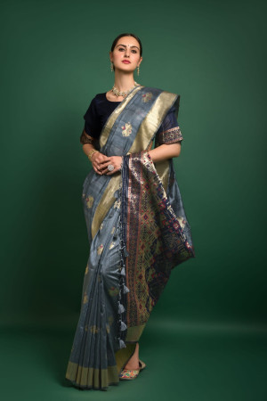 Gray color tussar silk saree with woven design