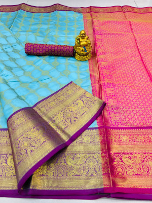 Sea green color kanchipuram silk saree with zari woven work
