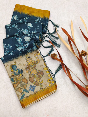 Navy blue color tussar silk saree with digital printed work