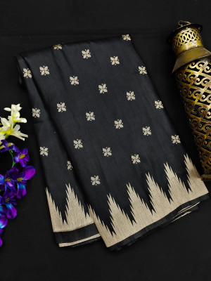 Black color raw silk saree with temple woven border
