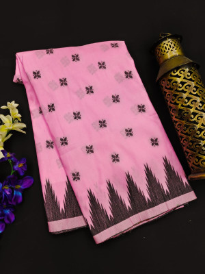 Baby pink color raw silk saree with temple woven border