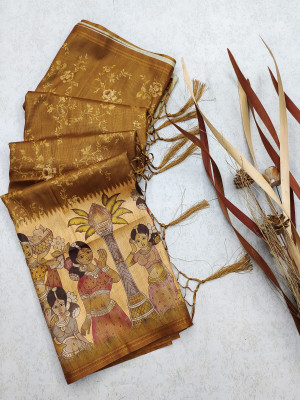 Brown color tussar silk saree with digital printed work