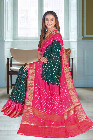 Pink and green color bandhej silk saree with zari weaving work