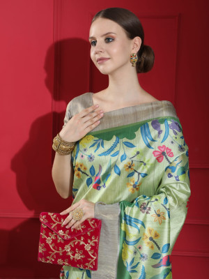 pista green color linen silk saree with digital printed work