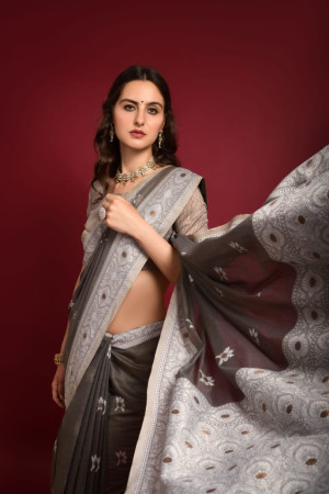 Gray color soft cotton saree with woven design