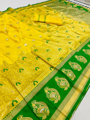 Yellow color  kanchipuram silk saree with zari weaving work