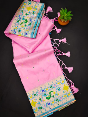 Baby pink color paithani  silk saree with zari weaving work
