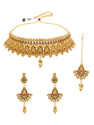 Gold-Plated Necklace & Earrings with Mangtika Jewellery