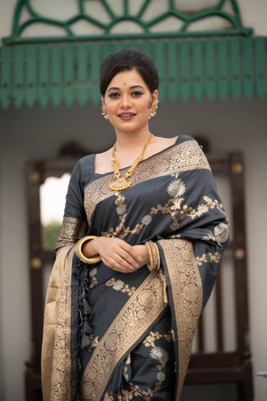 Gray color soft banarasi silk saree with zari woven work