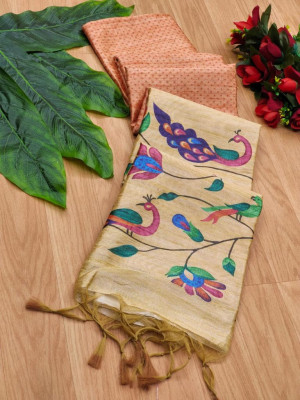 Peach color paithani silk saree with ditgital printed work