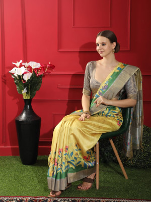 Lemon Yellow color linen silk saree with digital printed work