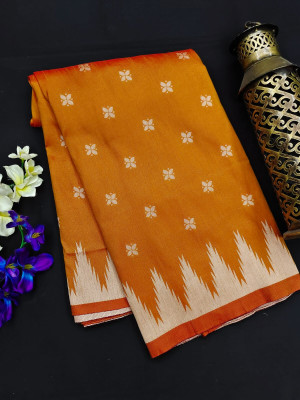 Mustard yellow color raw silk saree with temple woven border