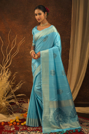 Sky blue color mulberry silk saree with zari woven work